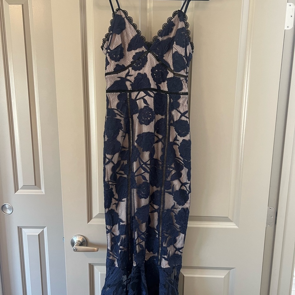 Blue and Black Sleeveless Maxi Dress with V-Neck